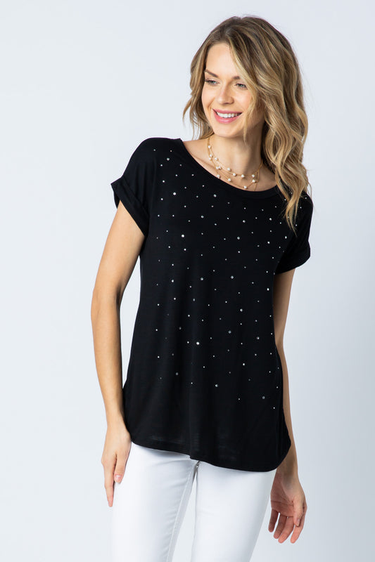 Cuff Short Sleeve Top with Stones